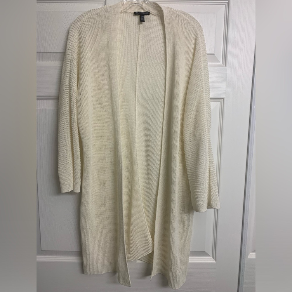 Eileen Fisher 100% Organic Cotton Long Open Cardigan Size M Oversized